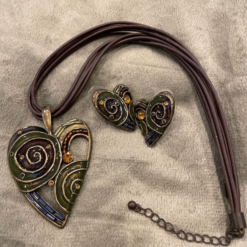 Large Brass Tone Heart Pendant Necklace & Earrings Set, abstract Swirl Design